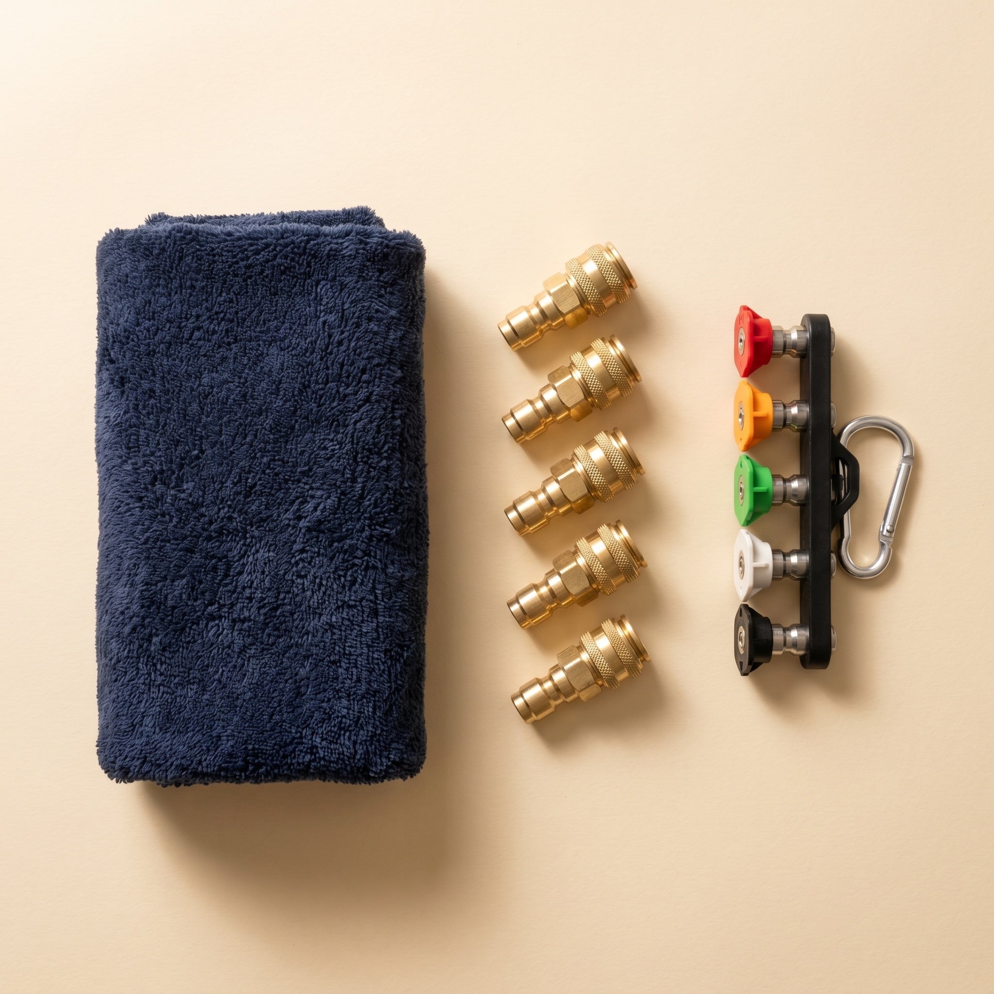 DRIVORA Accessories — microfiber towel, brass adapters and nozzles, cream backdrop
