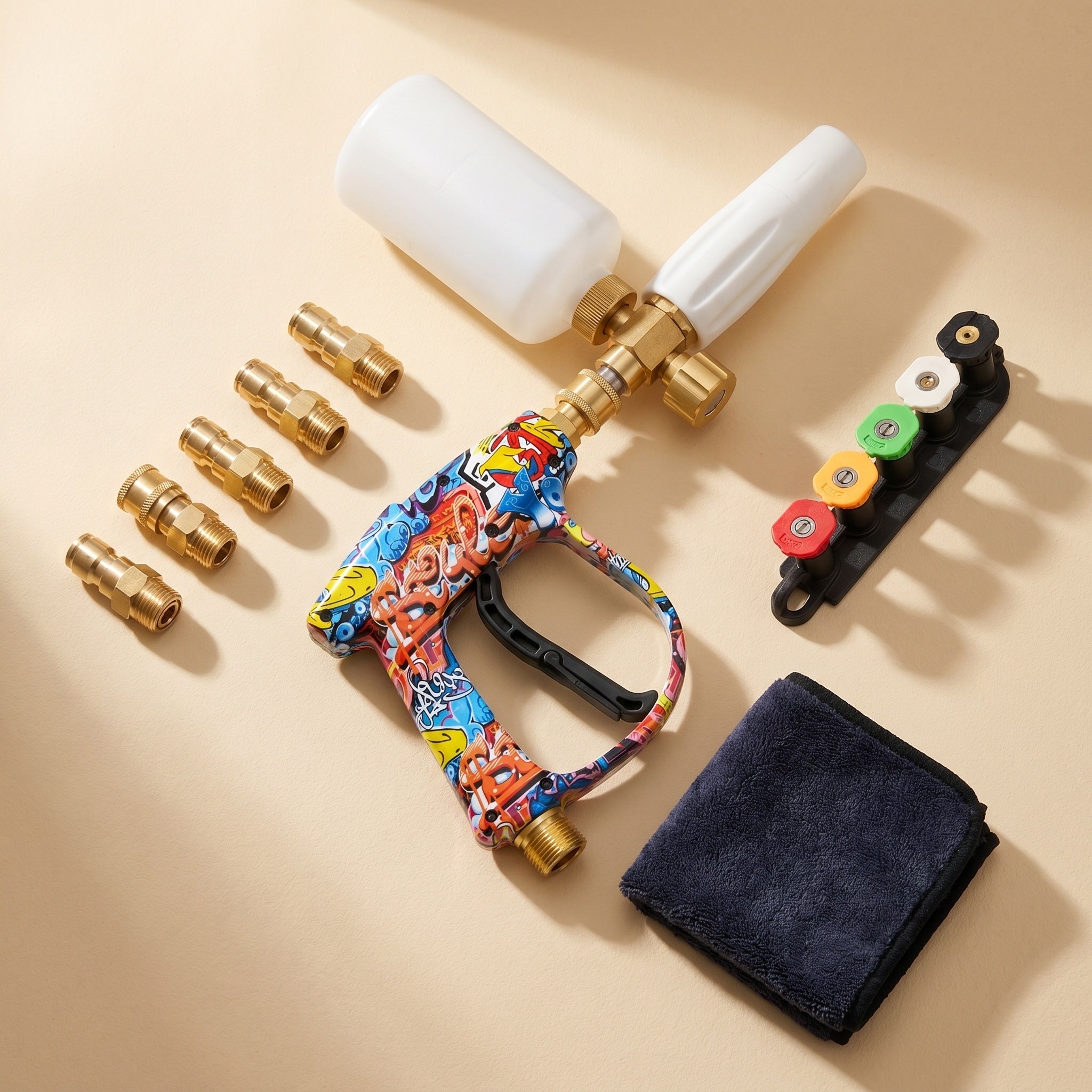 DRIVORA Detailing Kits — full pressure-wash kit flatlay on warm cream backdrop