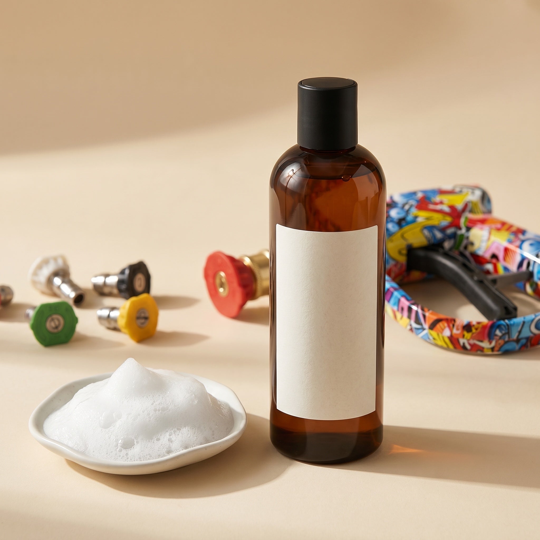 DRIVORA Shampoos & Chemicals — amber bottle with snow foam, cream backdrop
