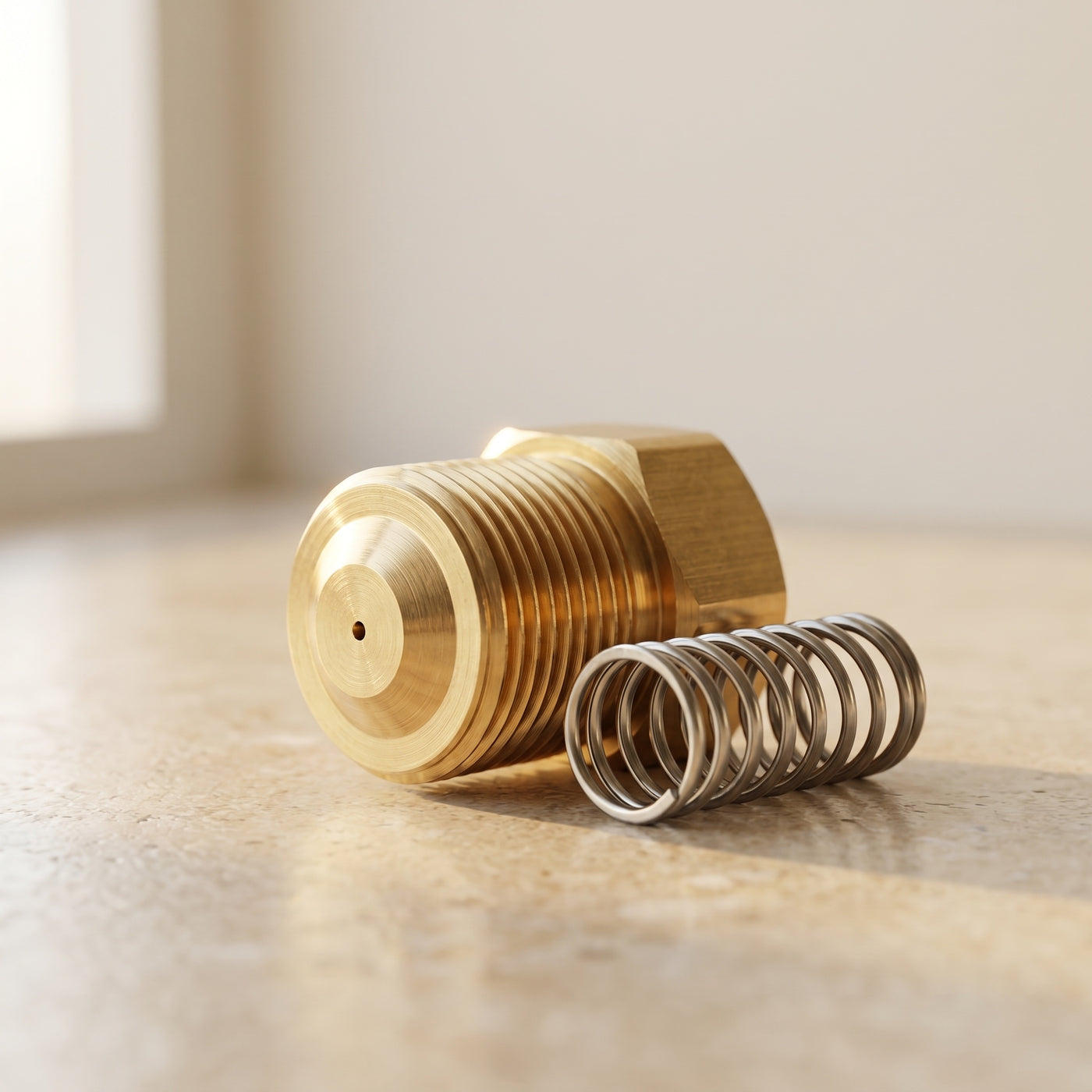 DRIVORA brass orifice and stainless compression spring — engineering macro